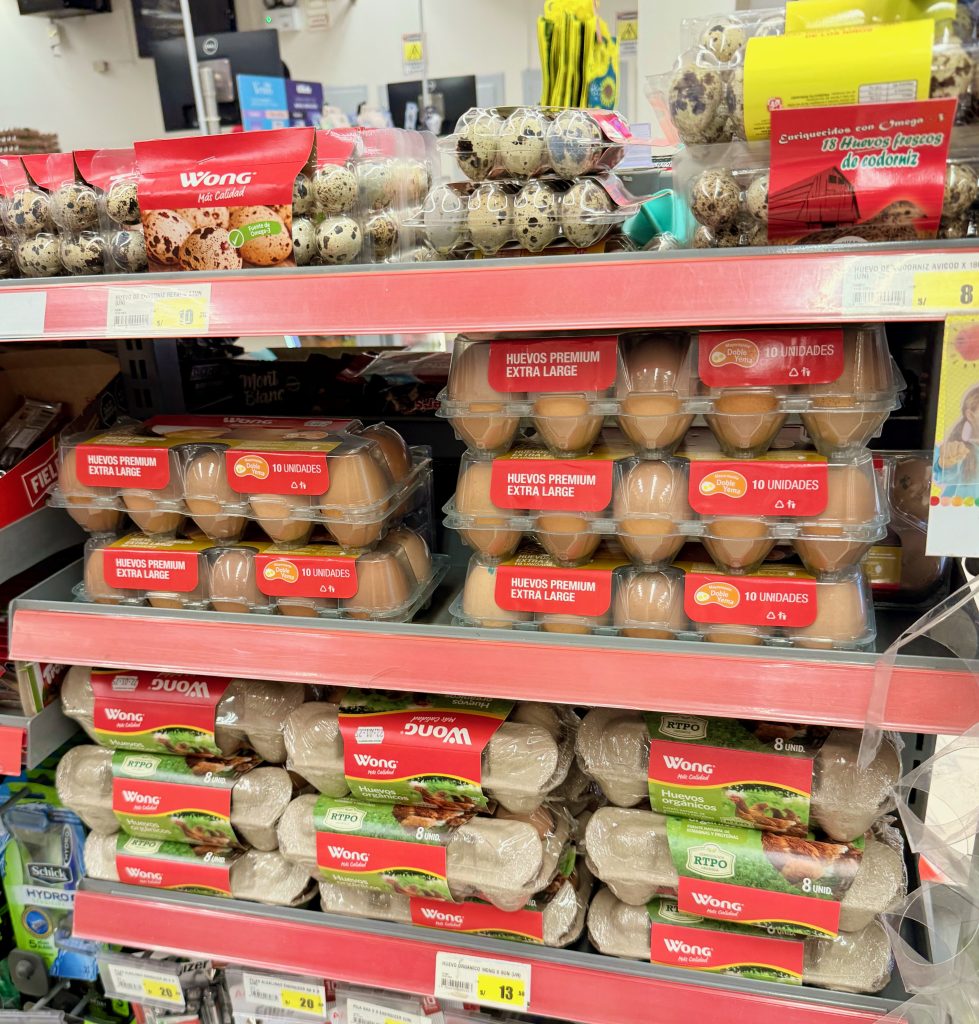 eggs and quail eggs on grocery store shelves in lima peru, food costs in lima peru