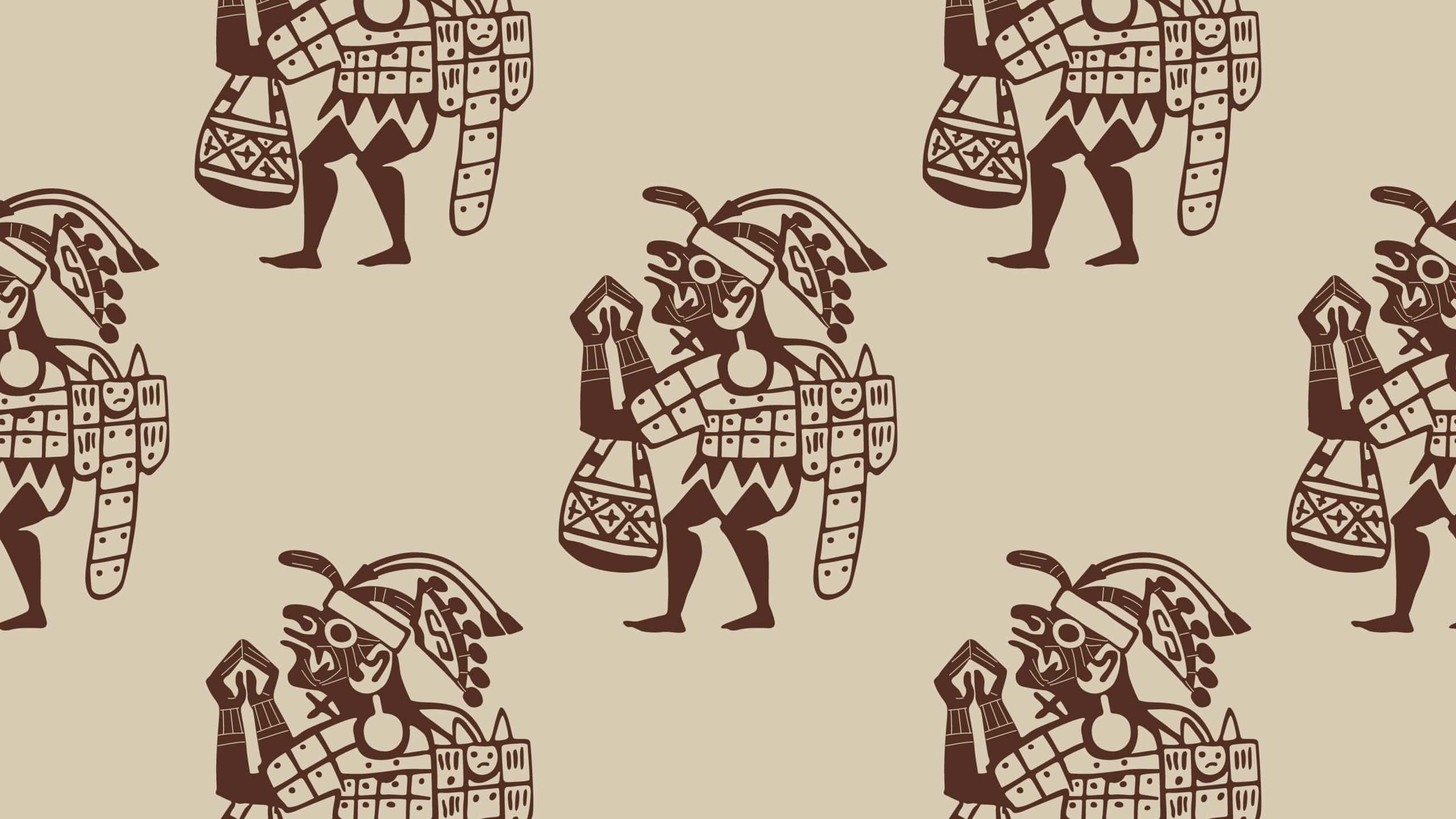Seamless geometrical monochrome pattern with silhouettes of ancient Peruvian Moche men. Native American tribal motif of Mochica Indians.