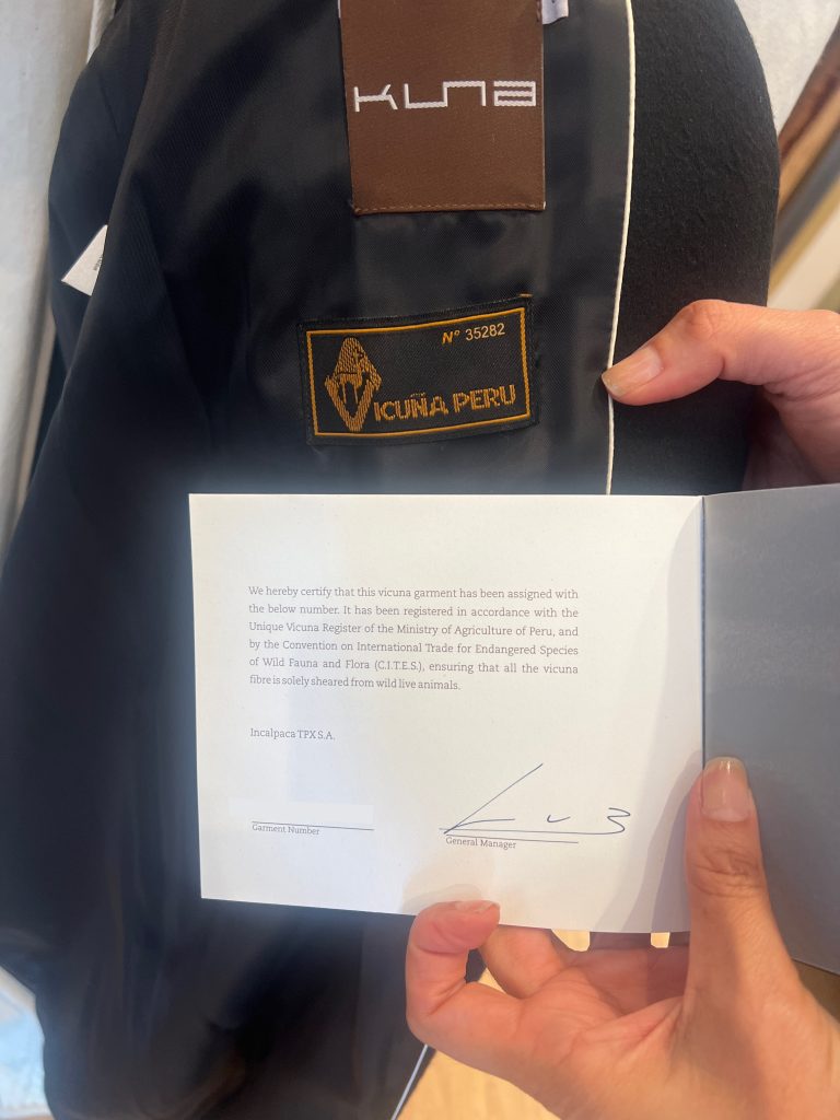 Vicuña kuna tag in peruvian textile shop