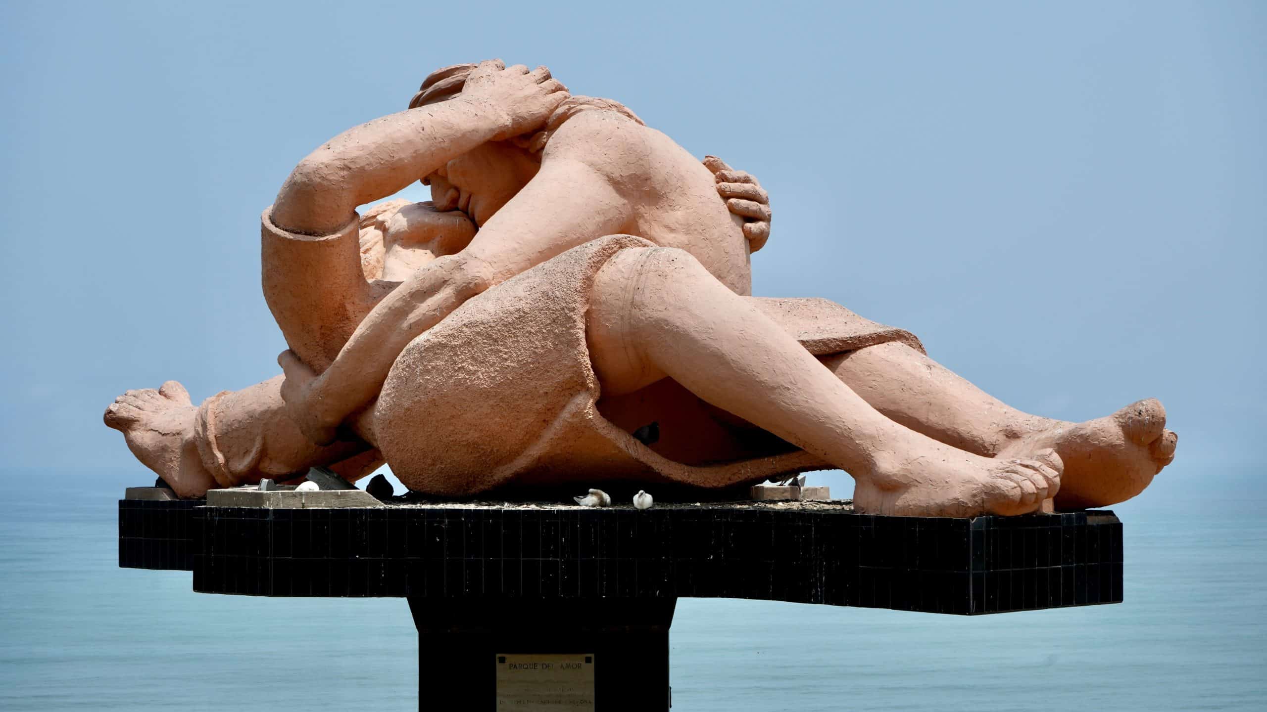 El Beso (The Kiss) in Miraflores Peru, large sculpture in the "Parque del Amor" (Love Park) by the Pacific Ocean in the Miraflores district of Lima.