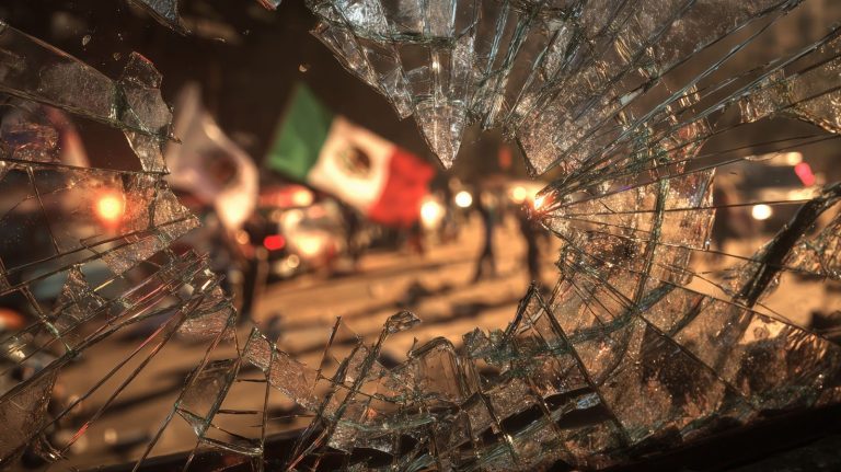 focal point of shattered glass windshield, blurry mexican flag in background