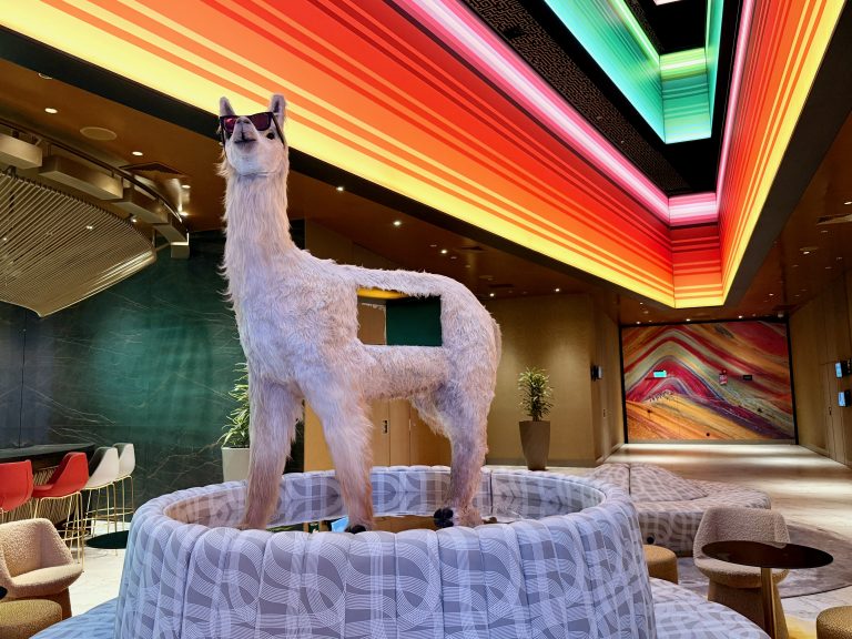 Interior NHow Lima Hotel, neon lights, Llama statue, bar of hotel