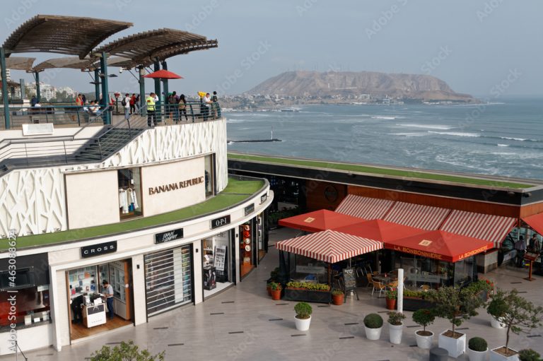 A wide shot of Larcomar from above, showing its cliffside construction and ocean backdrop.