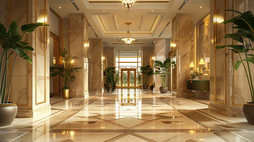 The grand entrance of the luxury hotel features a spacious lobby with elegant lighting and marble floors. The walls are in gold