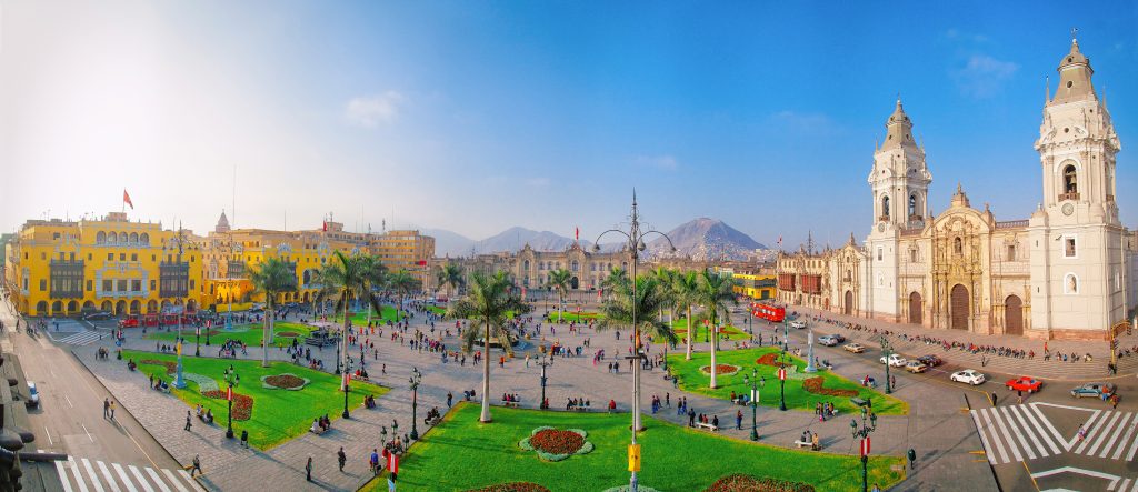 View of the cathedral church and main square in the center of lima.