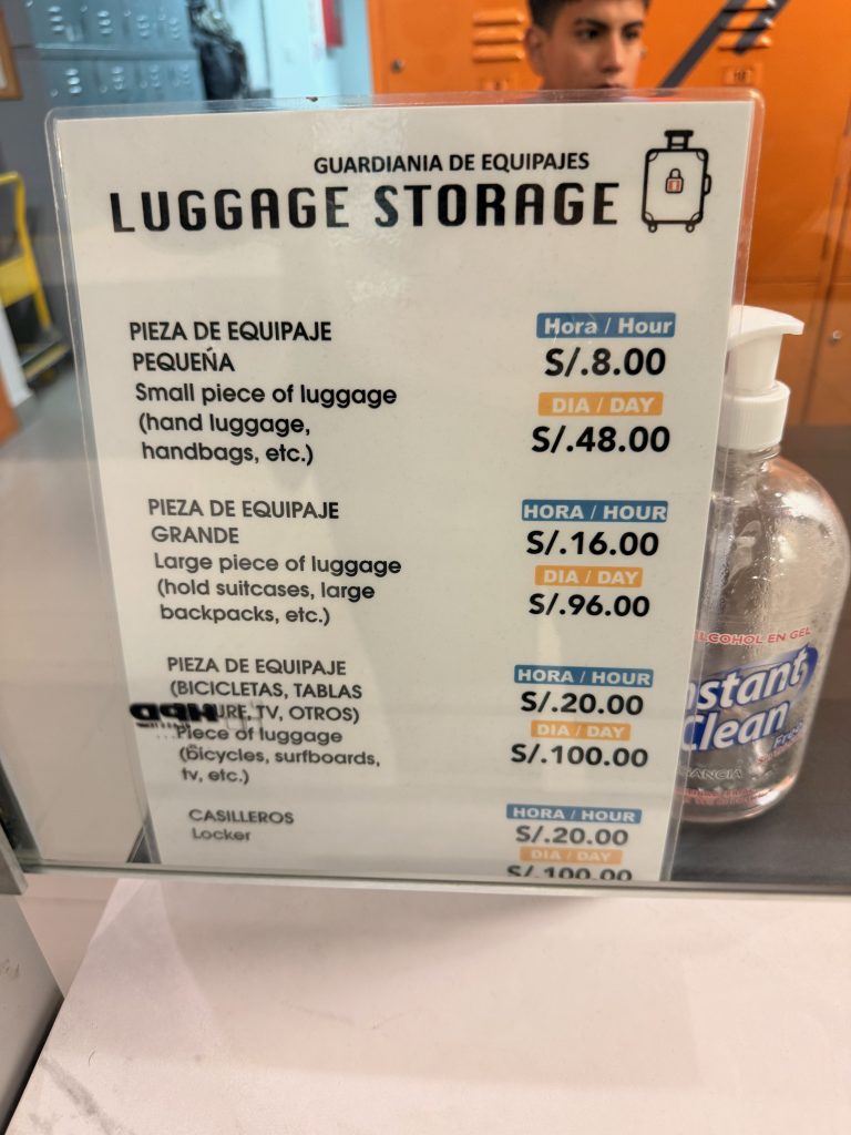 posted luggage storage details and pricing in lima airport