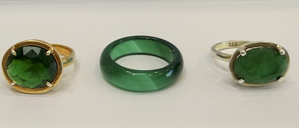 green rings from Peruvian Jewelry designer, Virginia Ugarte, at Dedalo