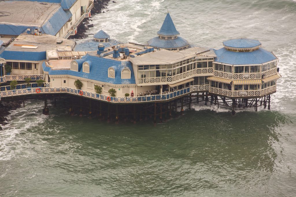 Rosa Nautica restaurant on a Stone pier in the pacific ocean, Miraflores, Lima, Peru