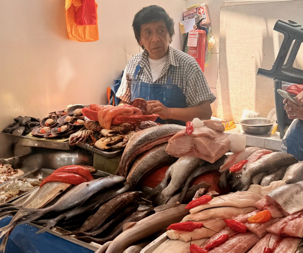 worker behind counter fish stand at Mercado de Magdalena