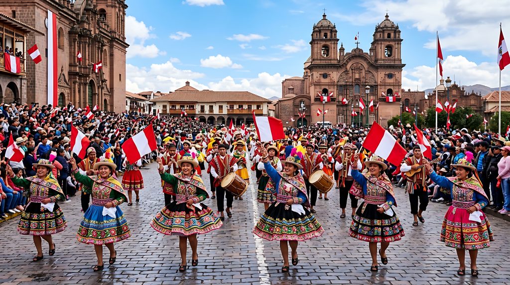 Dancers in traditional dress celebrating during a parade in peru