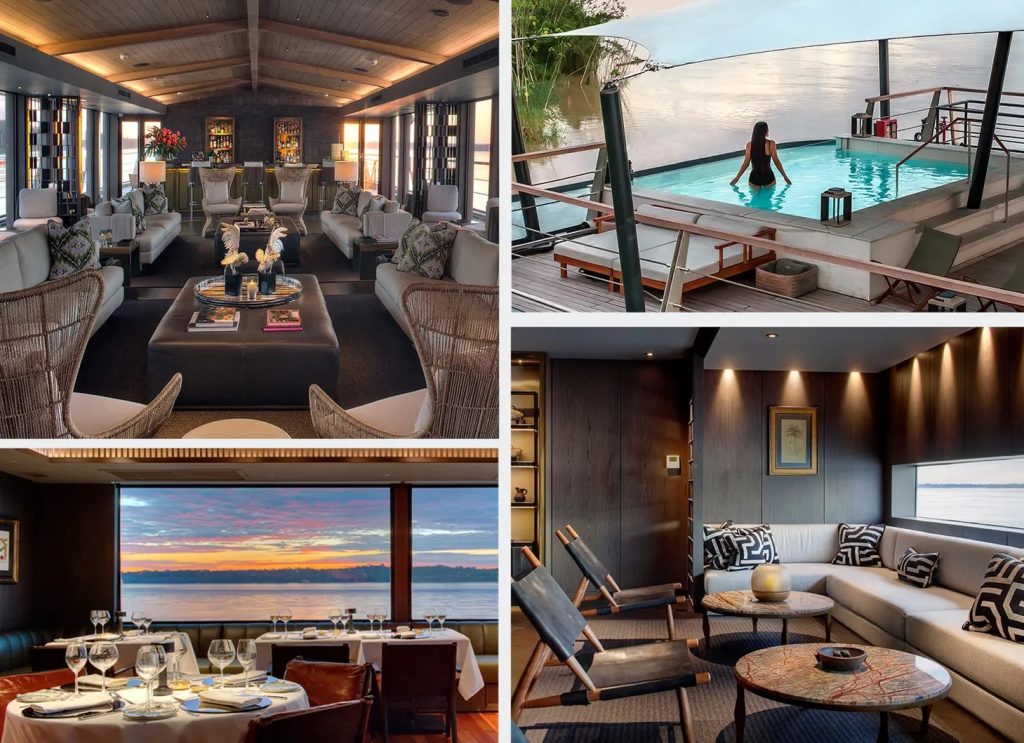 Interior photo collage of the Aqua Nera, interior cabin, seating area, on deck pool