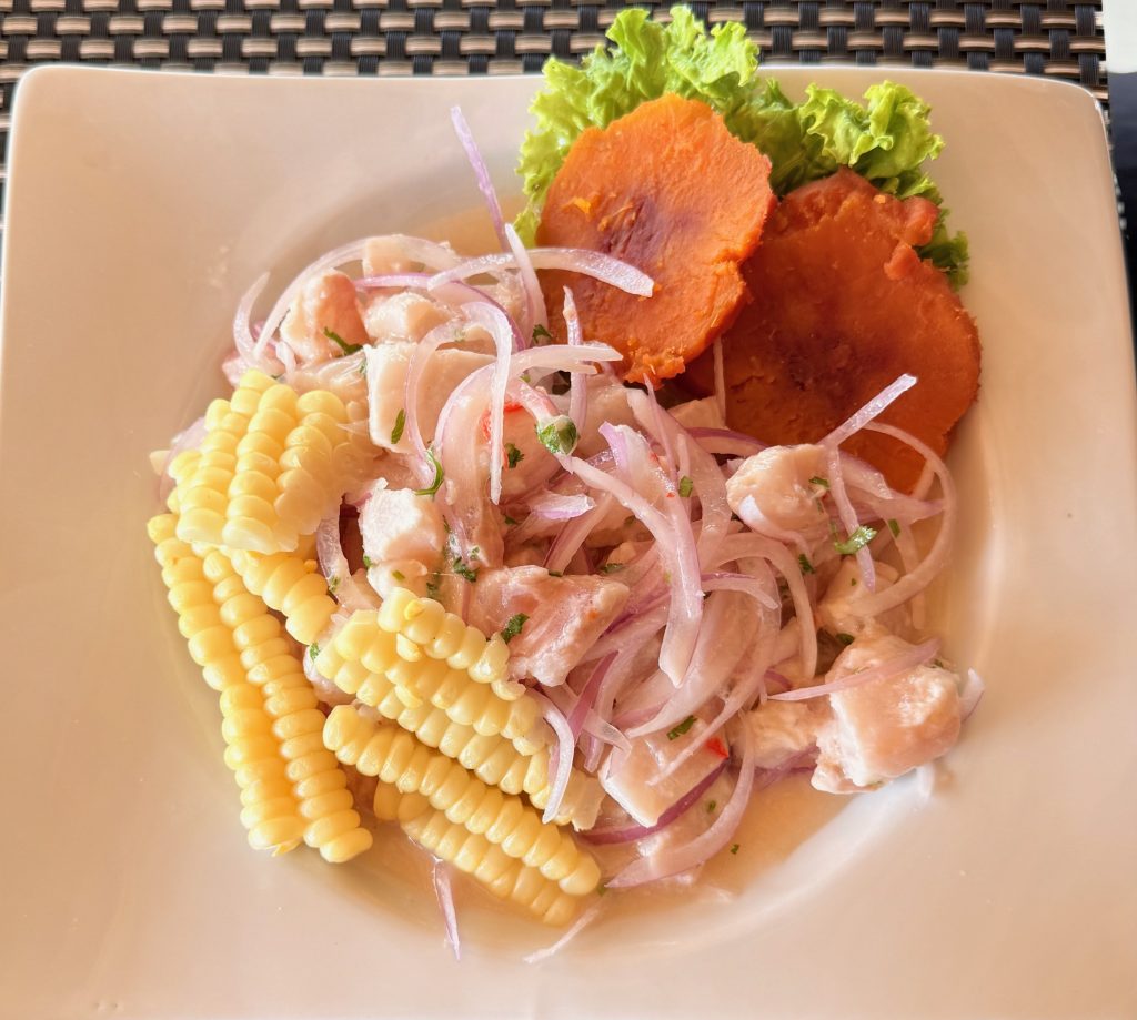 Fresh Peruvian ceviche with choclo and sweet potato from Luz del Mar